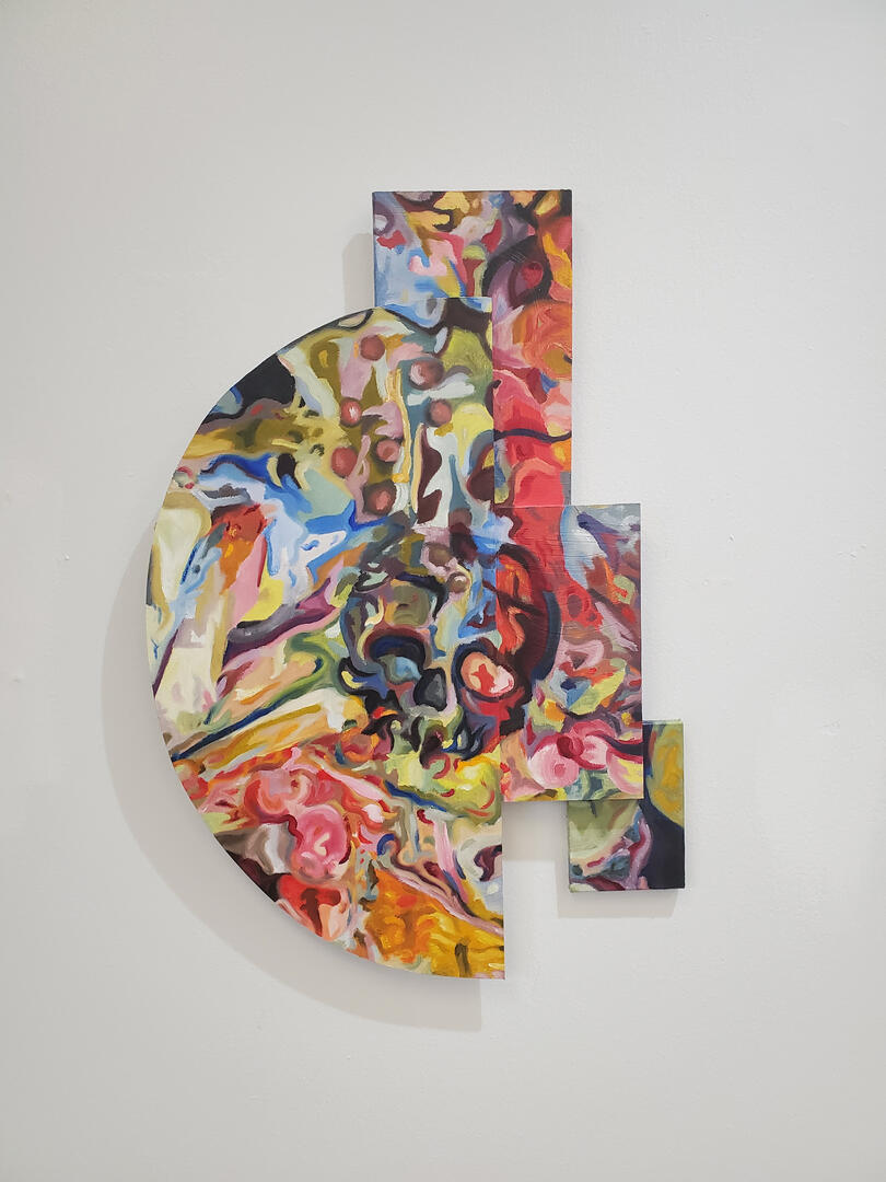 The Dissonance of Being Entertained by Nihilism, 2023, oil on wood, 18" × 27" × 1.5"