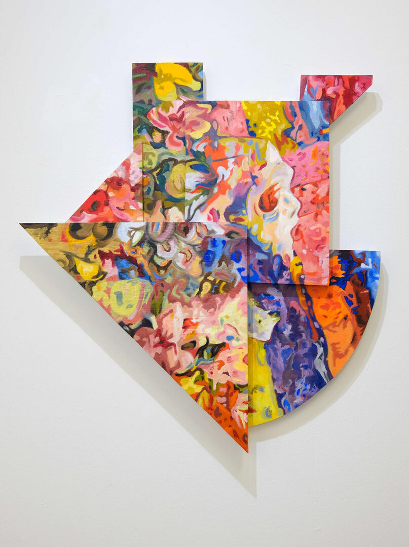 We Do Not Protect Anyone by Obscuring the Mirror, 2023, oil on wood, 30" × 33" × 2"