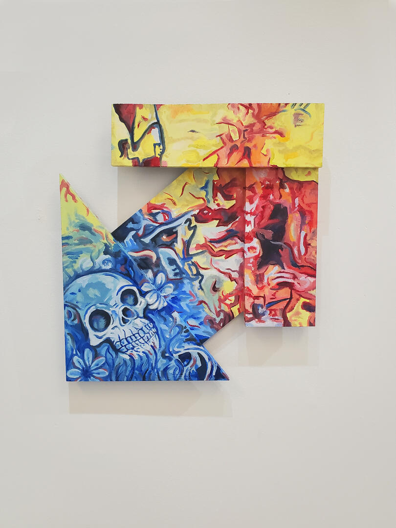 He Who Is Not Afraid, Enters a House in Flames, 2023, oil on wood, 17" × 19" × 2"