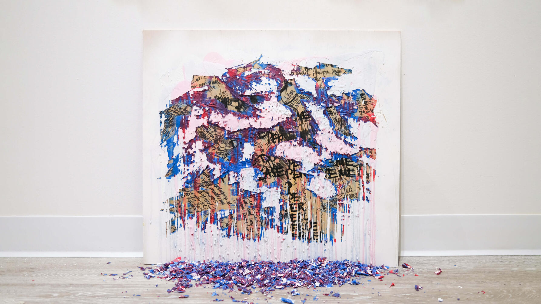 Red and Blue, 2023, wax, ink, and acrylic on wood, 24" × 21"