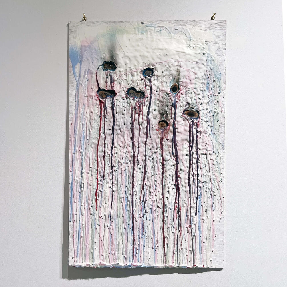 Walk on Please, please, 2023, wax, ink, acrylic on wood, 23" × 14"