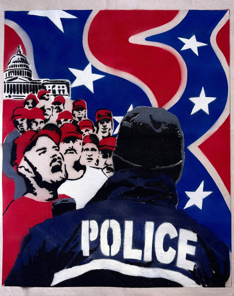 Nation Time, 2021, spray paint on raw canvas, 14" × 17"