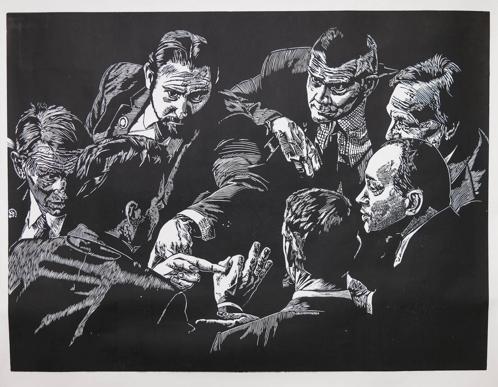 Untitled (A Republican group huddle), 2023, relief ink print on paper, 36" × 48"