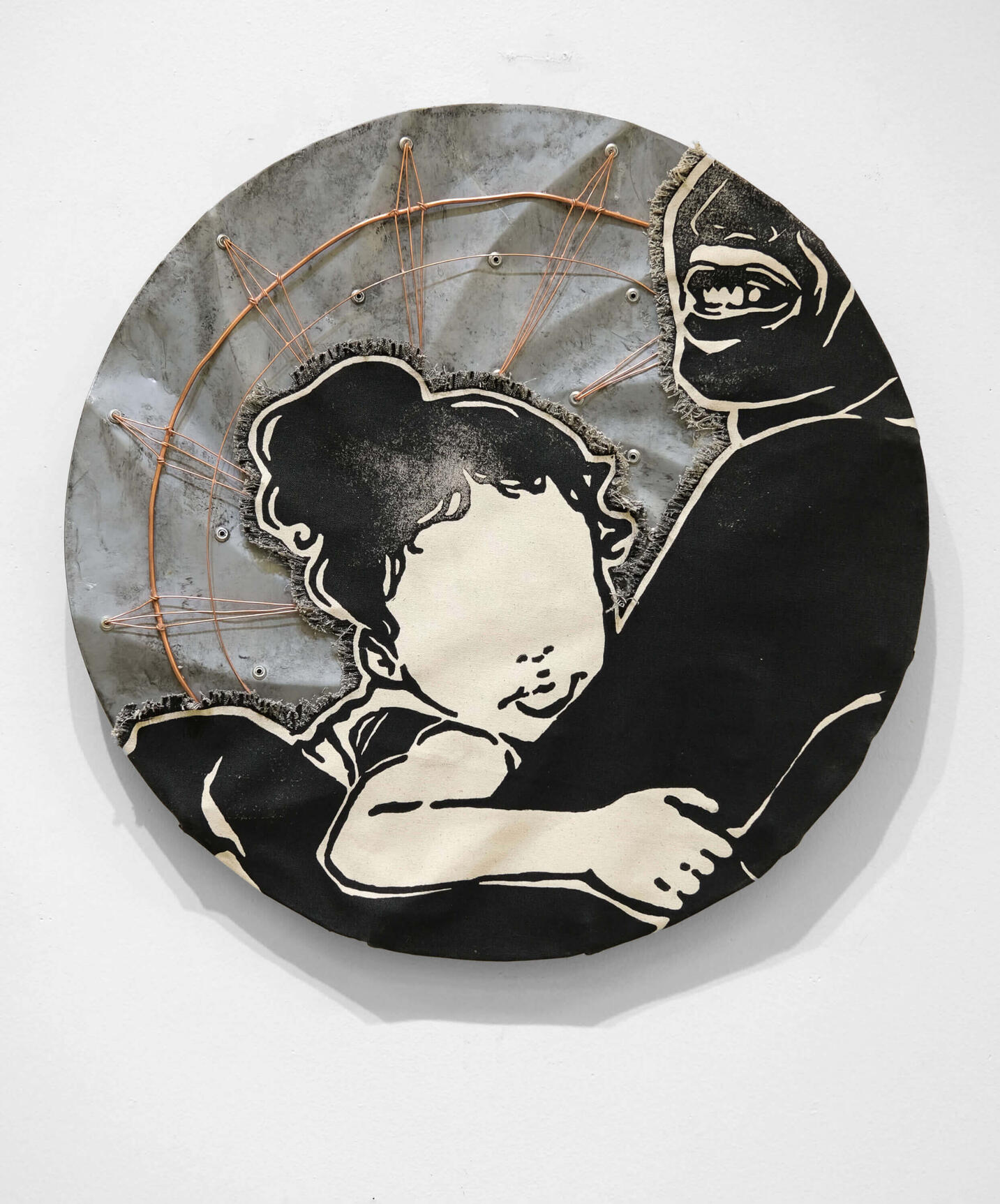 Heads or Tails (Two Sides of the Same Coin), 2023, mixed media, ink on canvas, and copper wire on found object, 21" × 21"