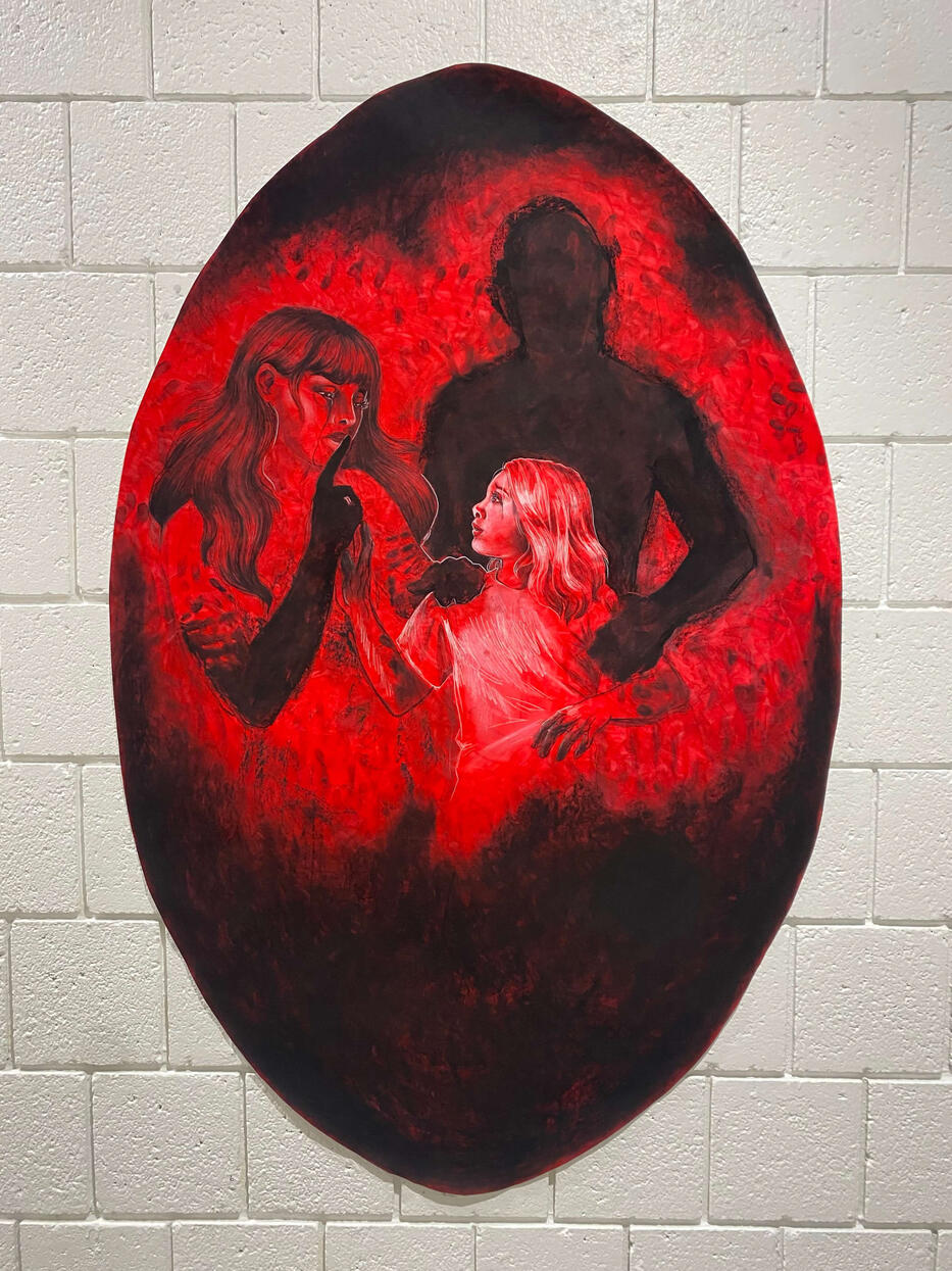 Mother’s Touch pt. 2, 2023, black and white charcoal on red stained paper, 36" × 56"