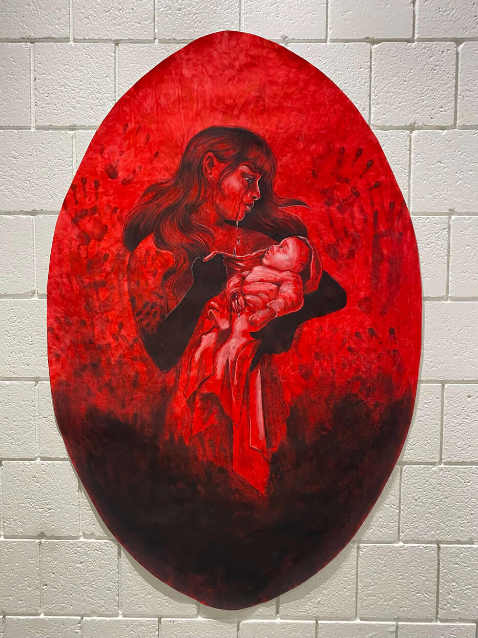 Mother’s Touch pt. 1, 2023, black and white charcoal on red stained paper, 36" × 56"
