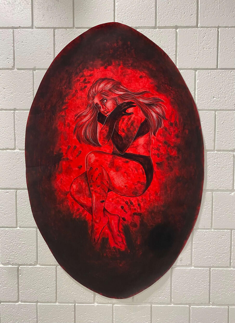 Mother’s Touch pt. 3, 2023, black and white charcoal on red stained paper, 36" × 56"