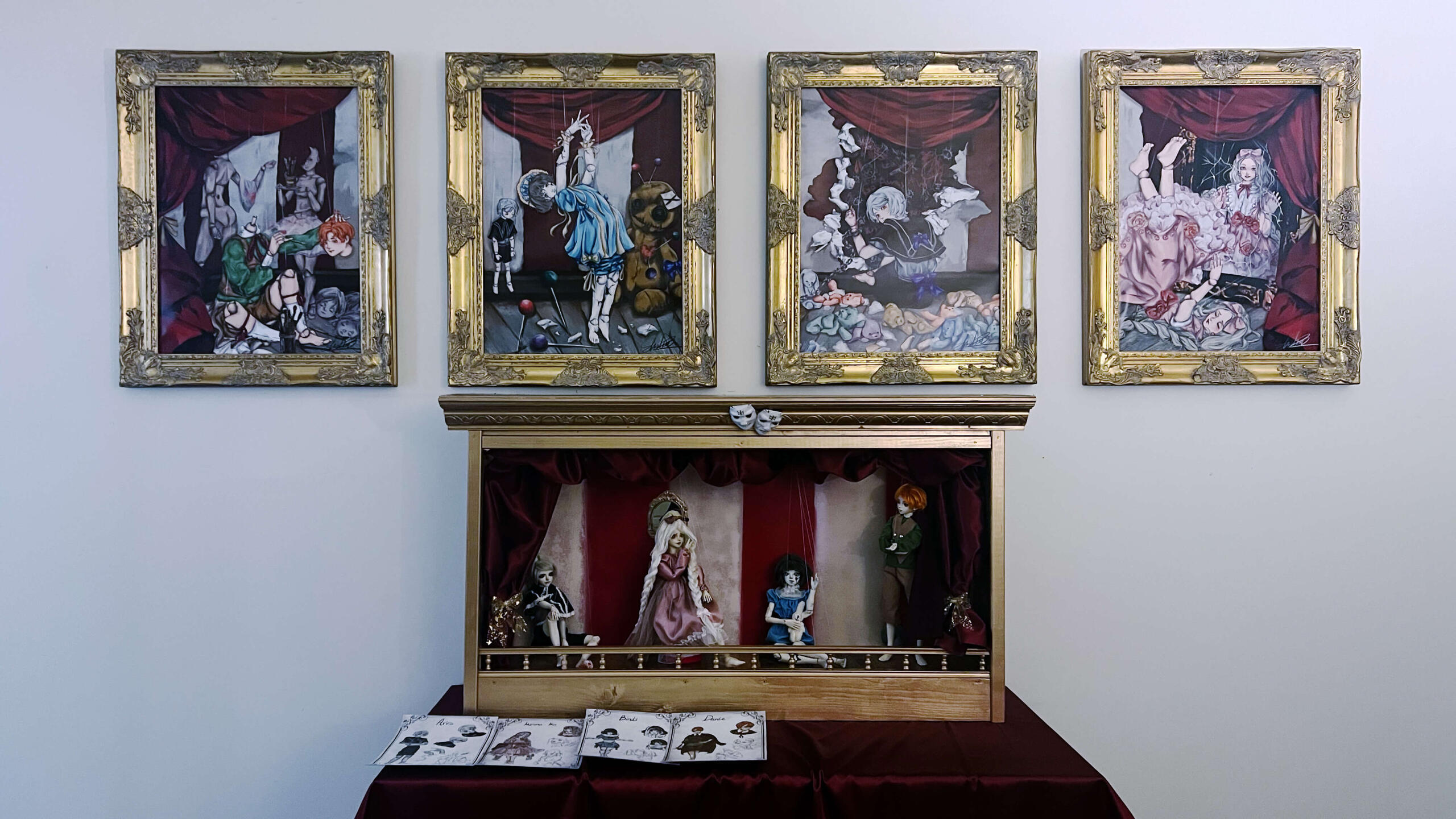 Psyche’s Puppets, 2023, installation, digital print on canvas, sculpture, four 18" × 24" paintings, 14" dolls, 41" × 26" stage display