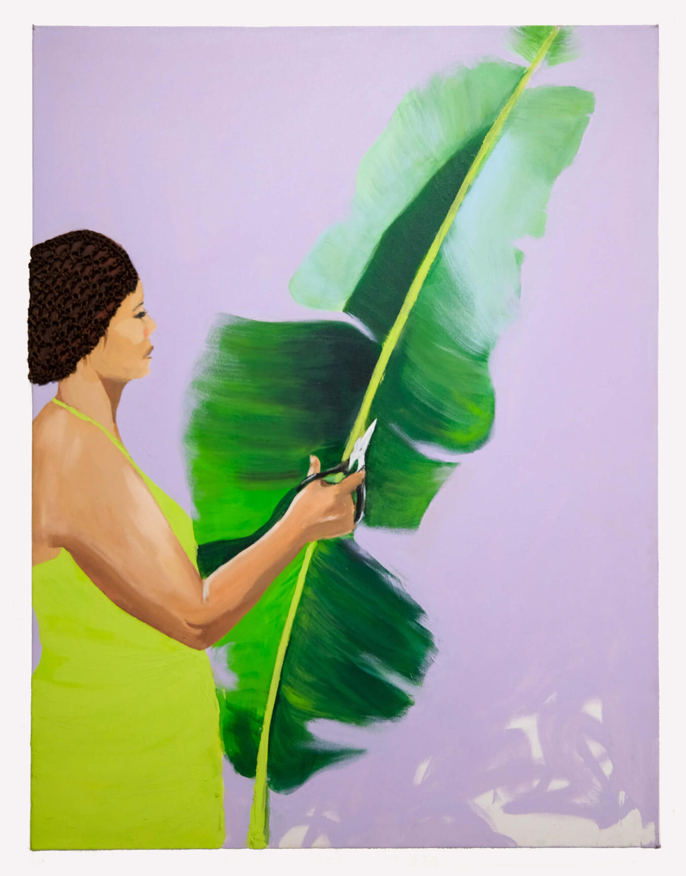 Mi Mamá Cortando Una Hoja de Plátano para que Hagamos Pasteles, 2023, acrylic on canvas, 30" × 40"